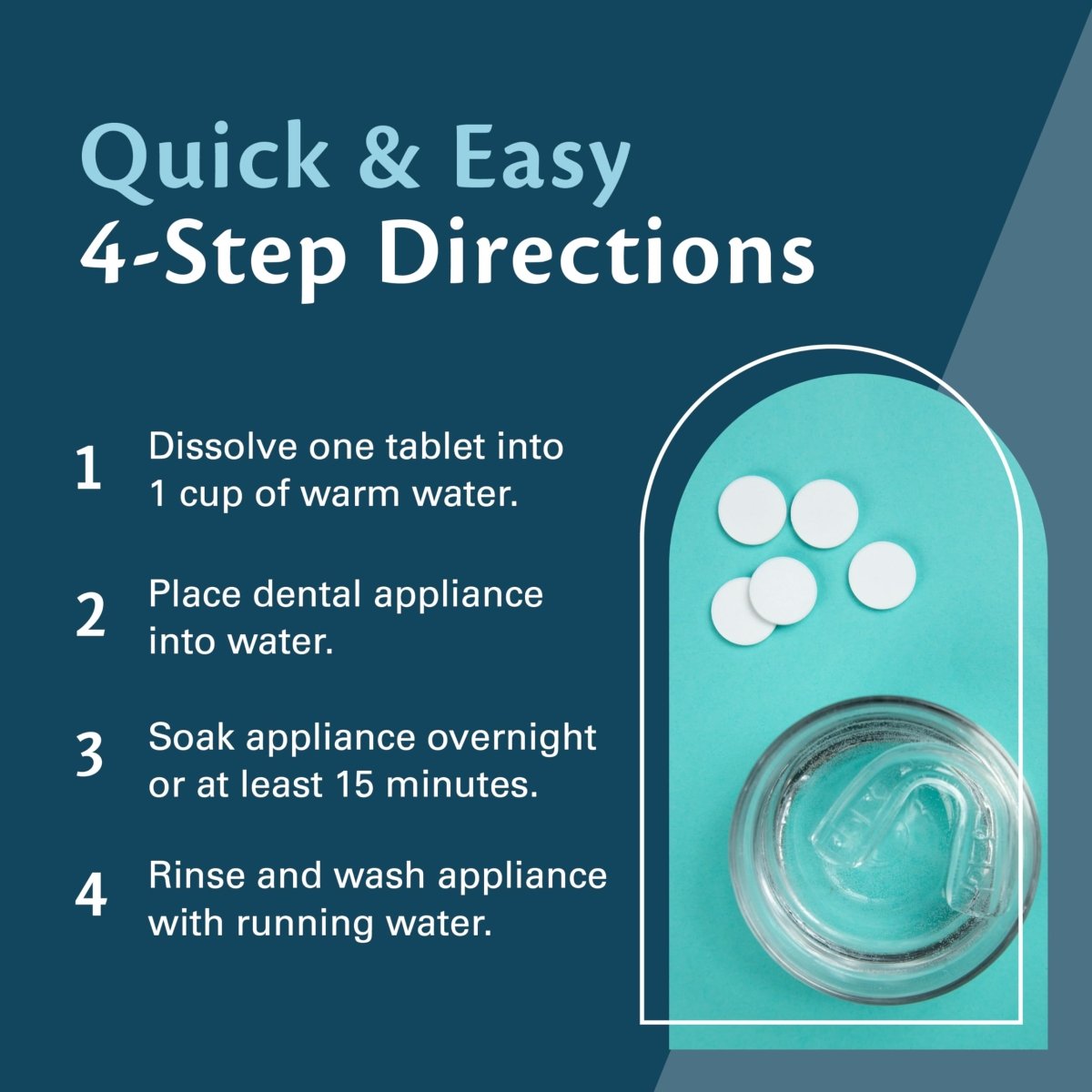 Cleaning tablets next to a glass of water and dental device with instructions for dissolving a tablet into water to soak the appliance.