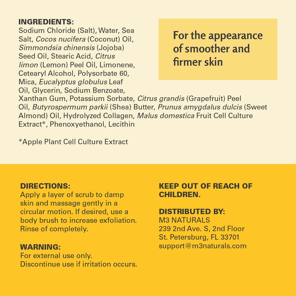 Product label for anti-cellulite scrub with ingredients and directions on a yellow background