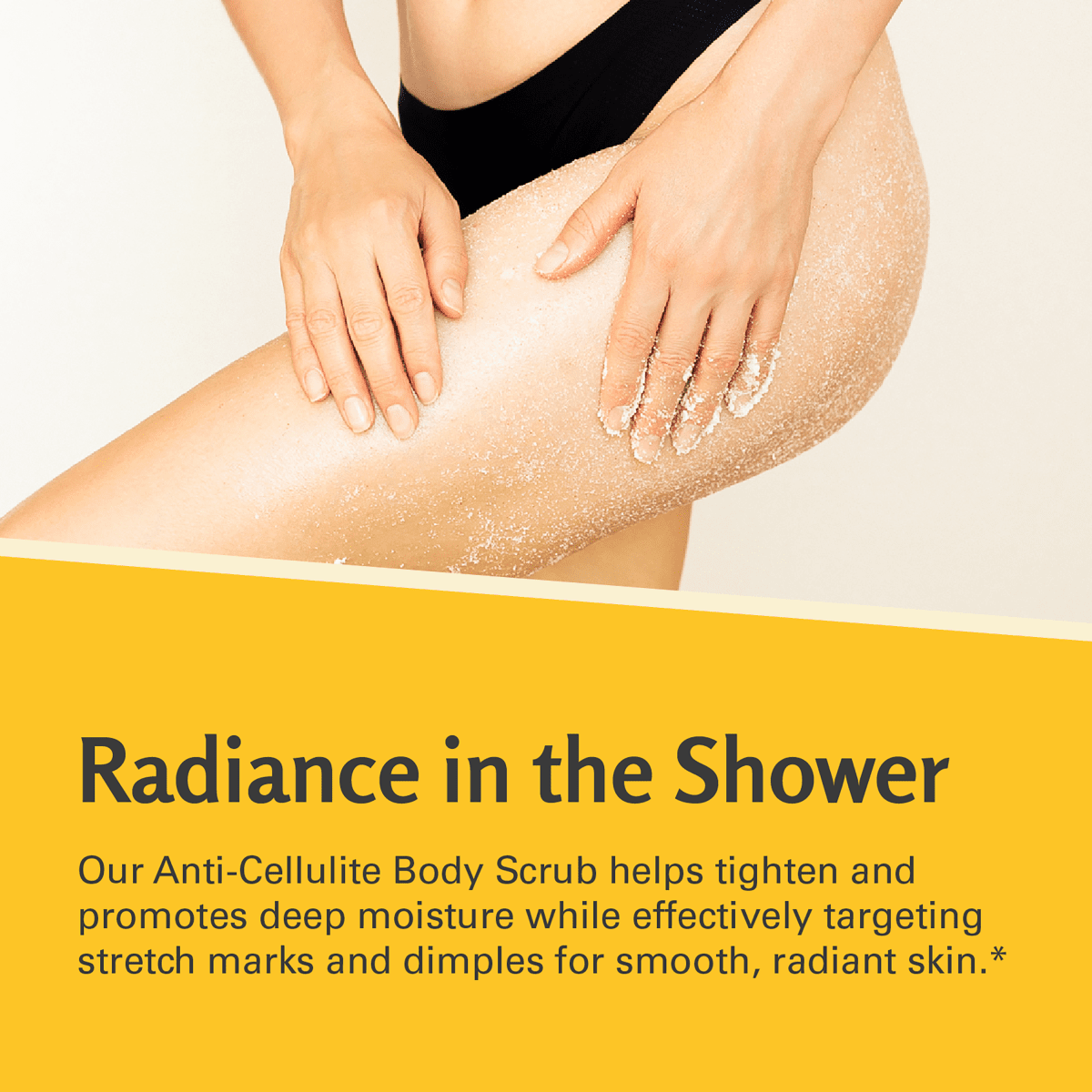 Person using an anti-cellulite body scrub on their leg with a yellow banner describing the tightening and moisturizing effects.