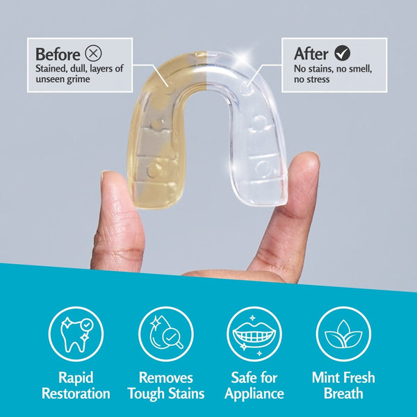 Clear dental appliance held between fingers with 'Before' and 'After' labels showing the cleaning results.