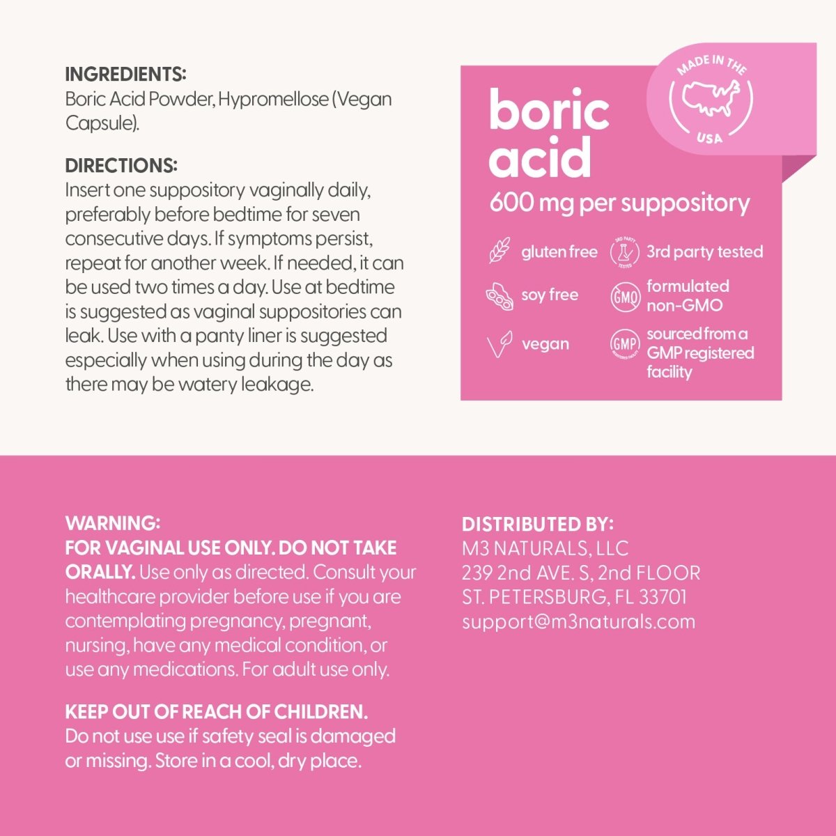 Boric acid suppository label with ingredients, directions, and safety information on a pink background.