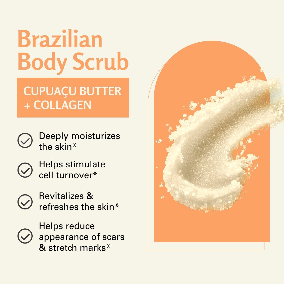Swatch of Brazilian Body Scrub with cupuaçu butter and collagen with list of benefits on a light background