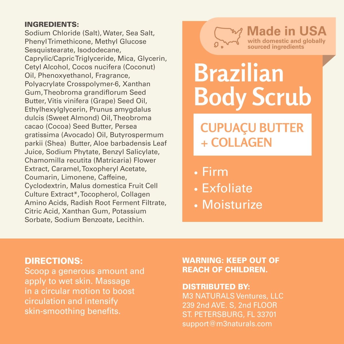 Product label for Brazilian Body Scrub with ingredients and directions on an orange background