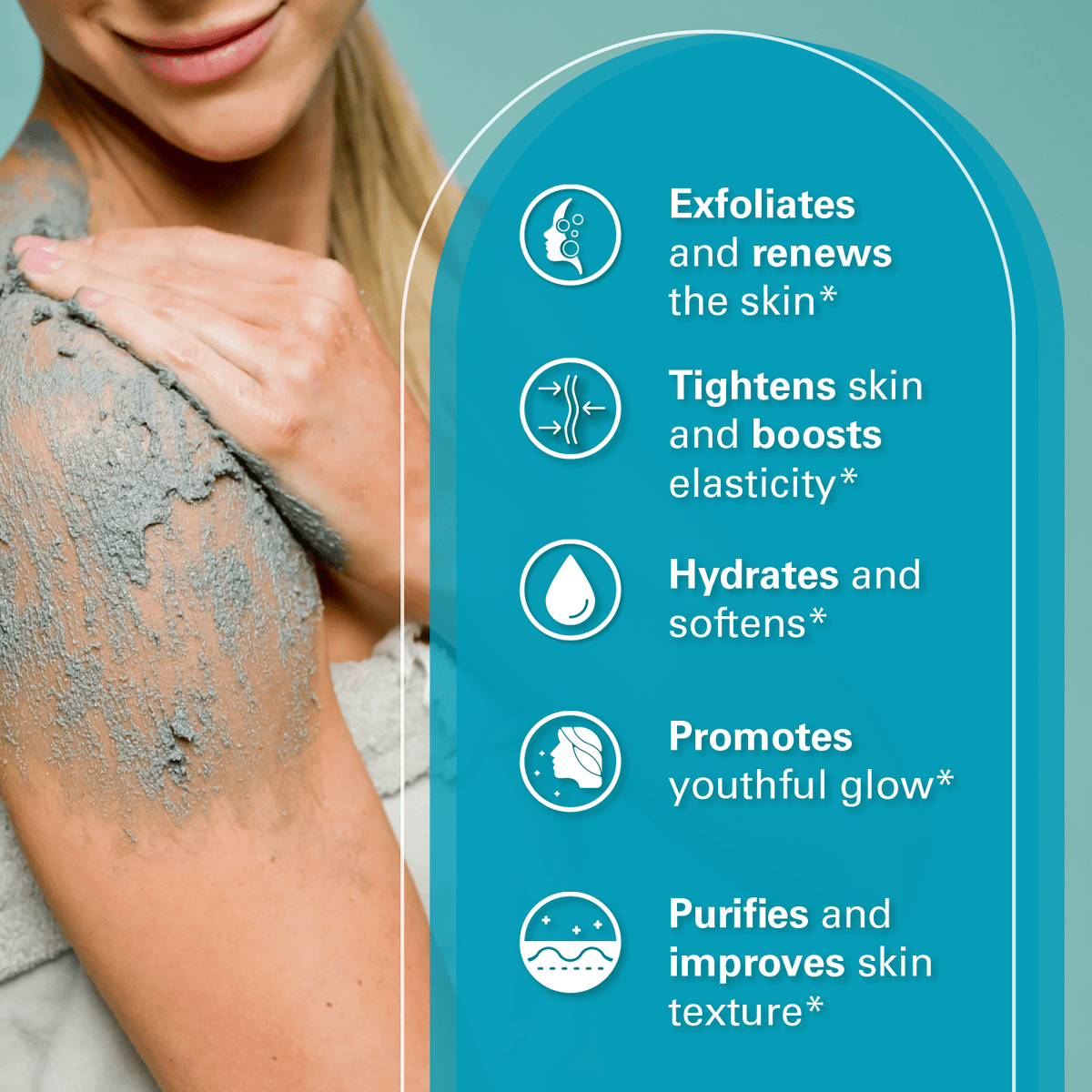 Woman applying a charcoal scrub to her arm with text highlighting skin benefits on a teal background