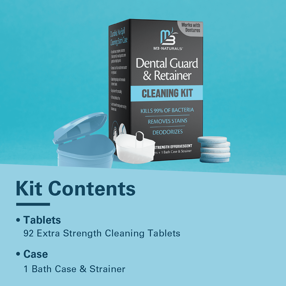 Dental Guard & Retainer Cleaning Kit and text listing contents of 92 cleaning tablets, bath case and strainer.