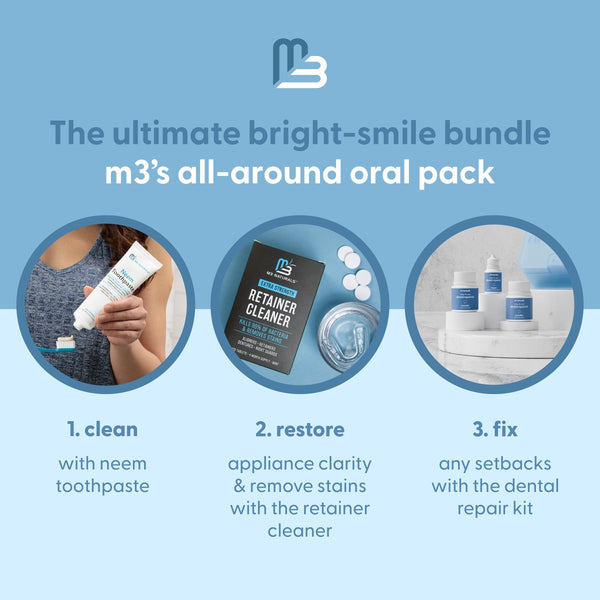 Promotional graphic for m3's oral care bundle pack with steps to clean, restore, and fix dental issues.