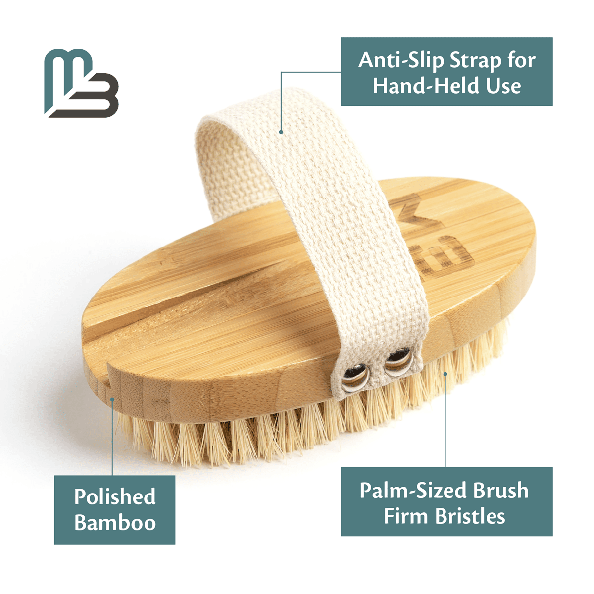 Dry brush with palm-sized design and firm bristles, featuring an anti-slip strap on a white background.