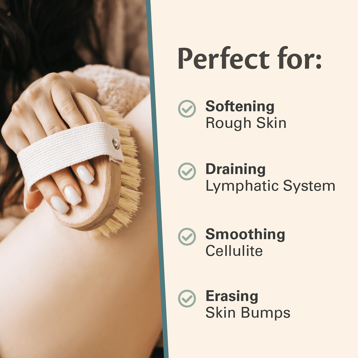 Person using a dry brush on their leg with text highlighting skin texture benefits