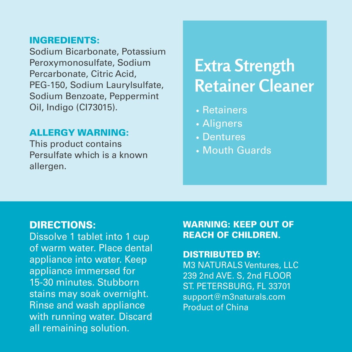 Product label for Extra Strength Retainer Cleaner with ingredients, allergy warning, directions, and contact information.