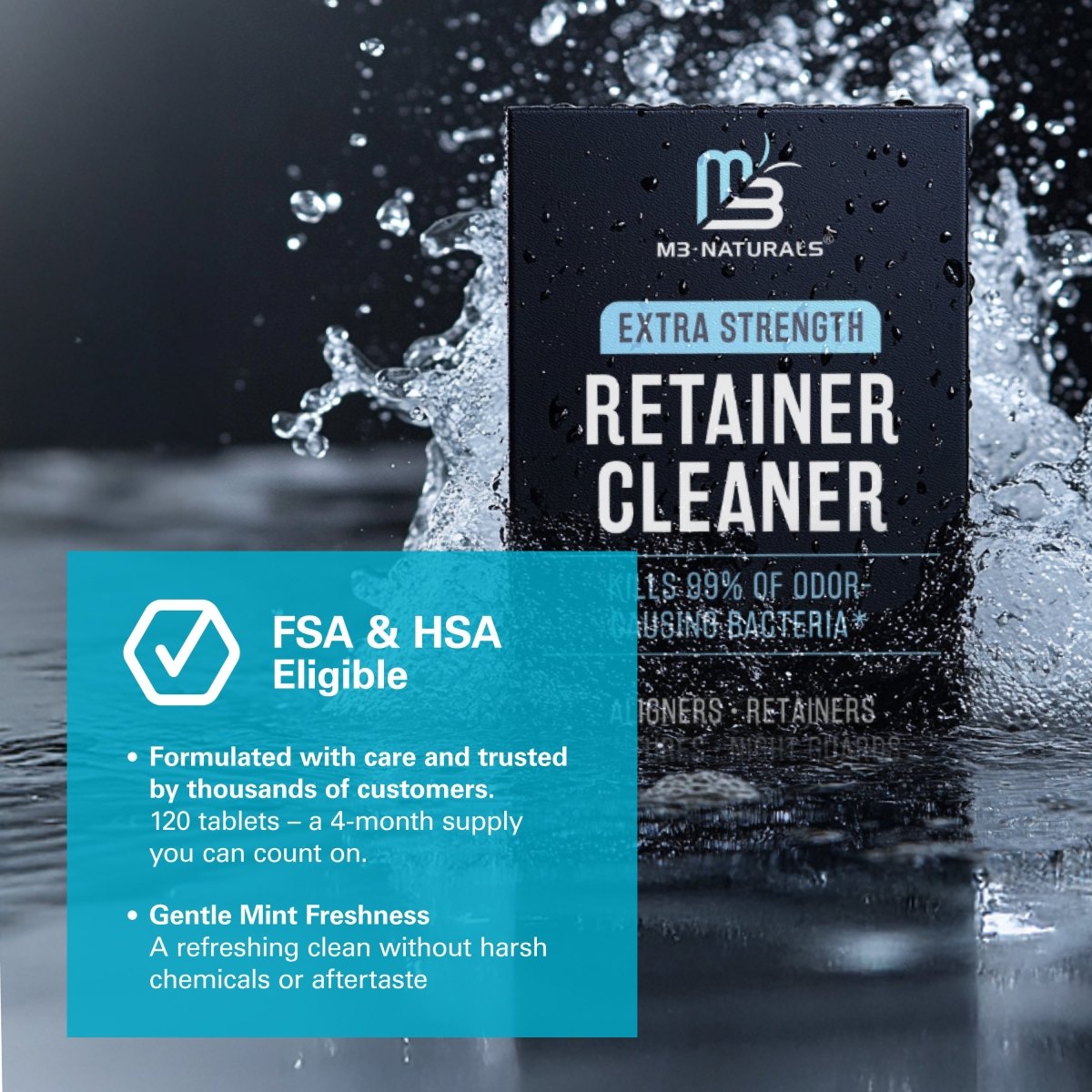 M3 retainer cleaner packaging with text about FSA and HSA eligibility.