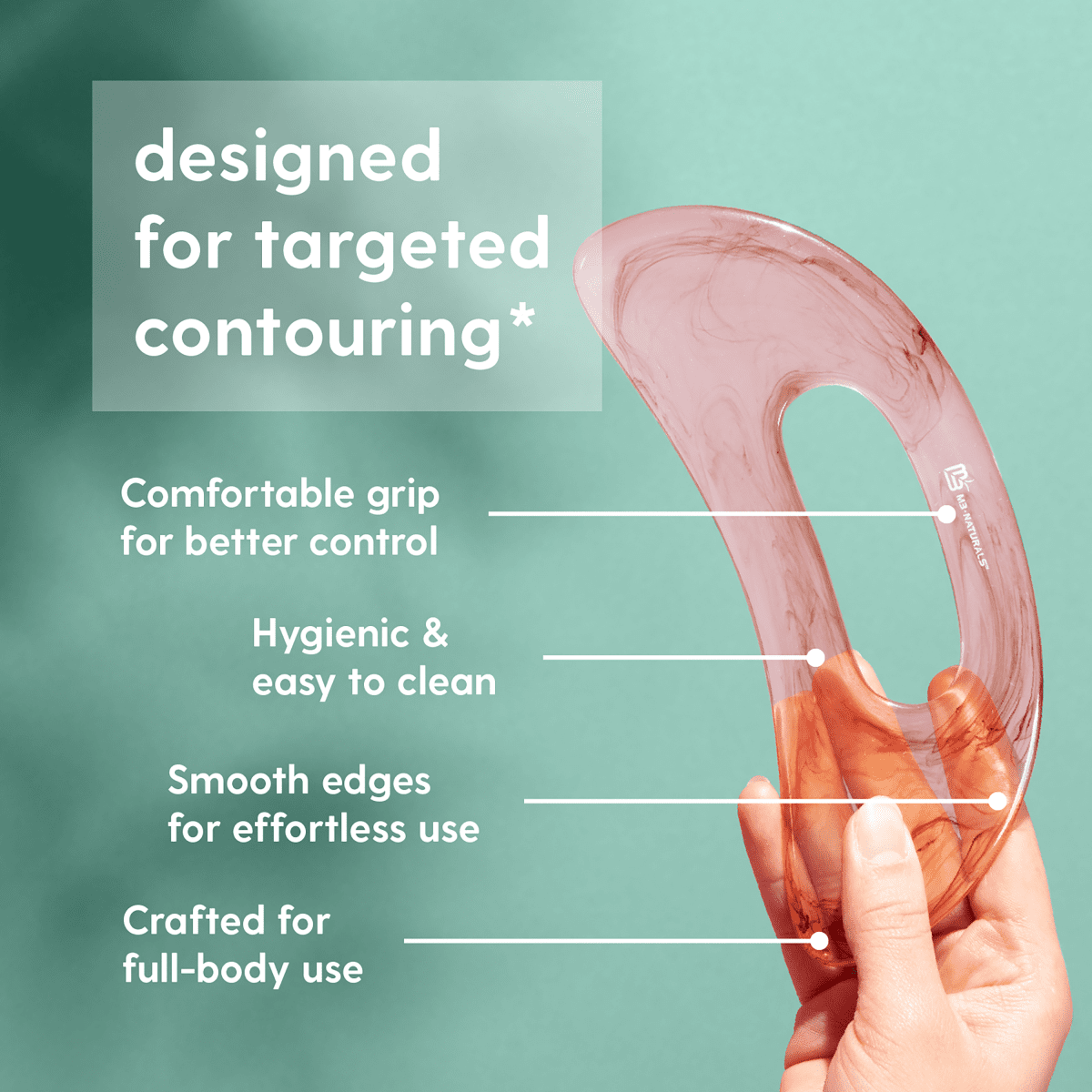 Gua Sha massager with text detailing the product design features on a green textured background.
