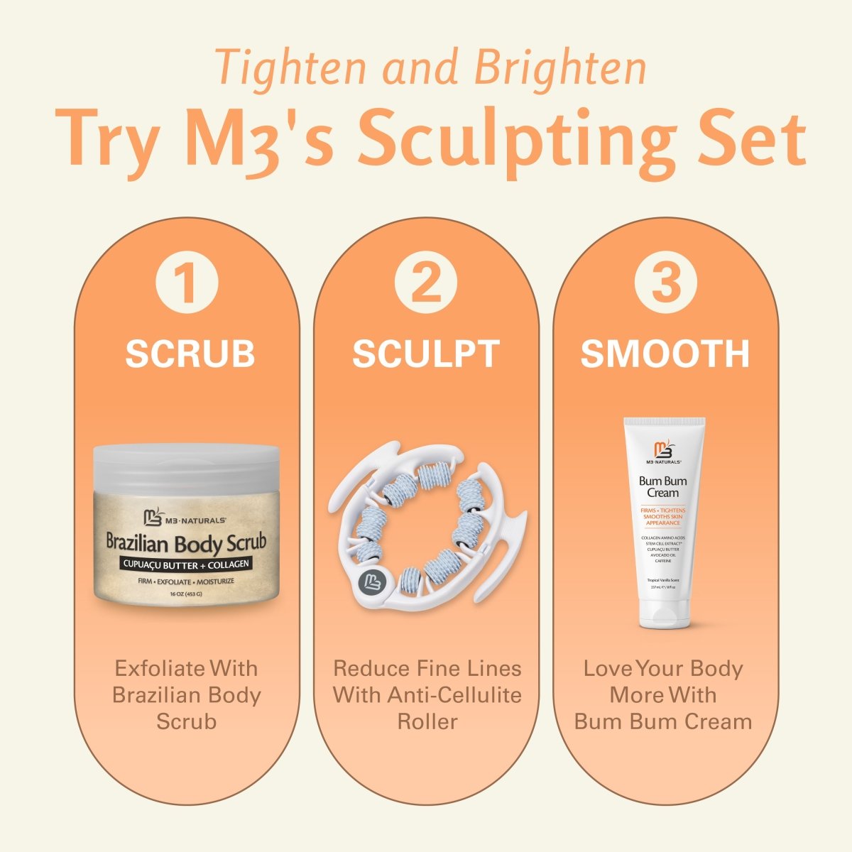 Promotional graphic for M3's Sculpting Set with scrub, sculpt, and smooth products on an orange background.