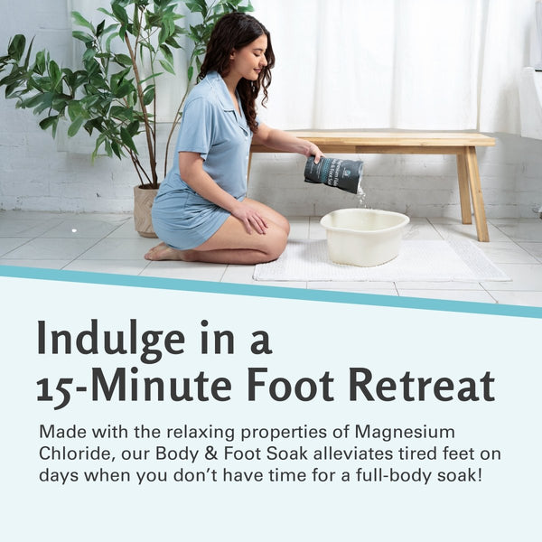 Woman preparing a foot soak in a basin with text about a 15-minute foot retreat with the relaxing properties of magnesium chloride.