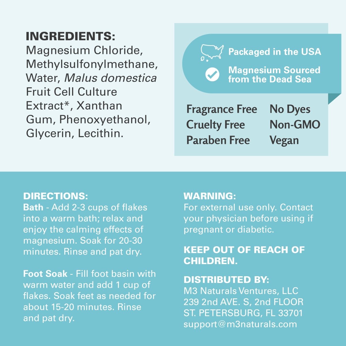 Product label with ingredients, directions, and safety information on a blue background