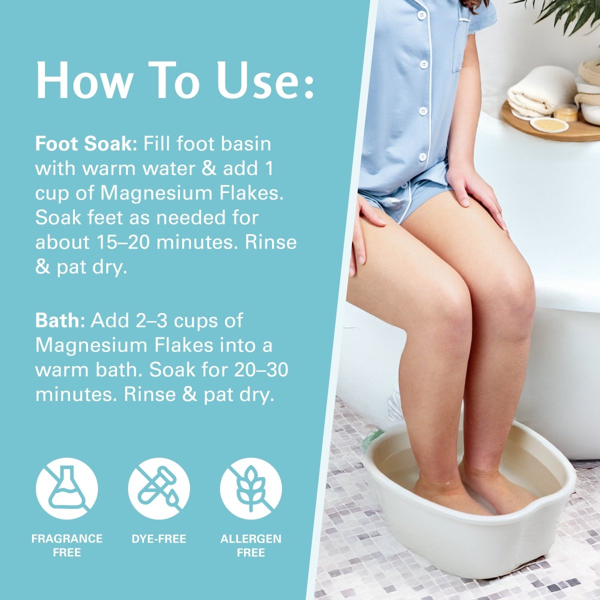 Person using magnesium flakes for foot soak with text on how to use and product features.
