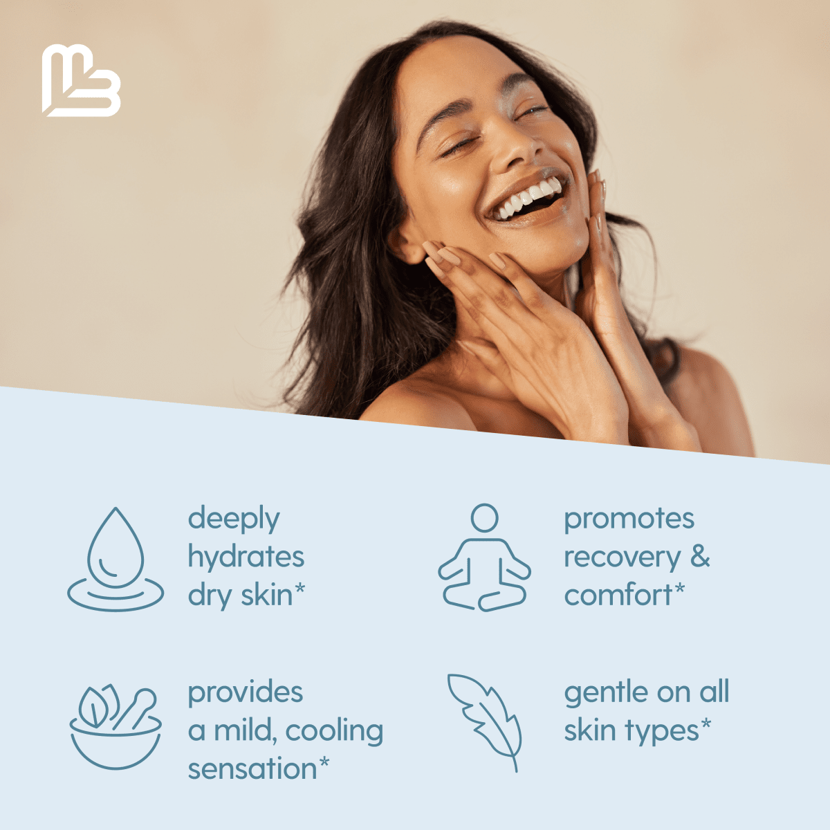 Woman smiling with text about skincare benefits on a beige background