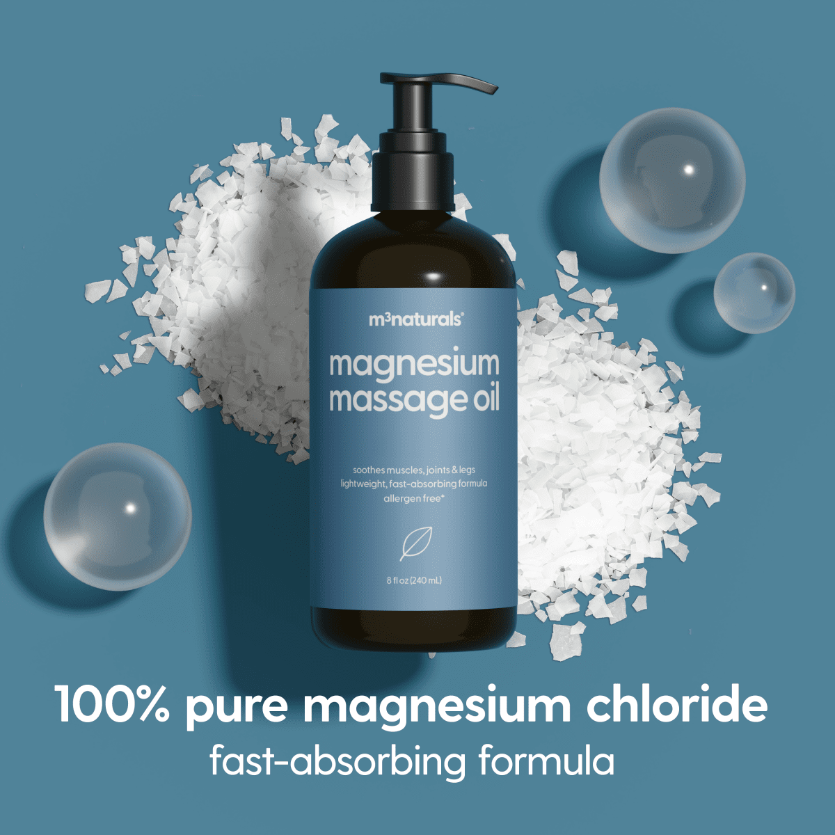 Bottle of magnesium massage oil with text about the fast-absorbing formula