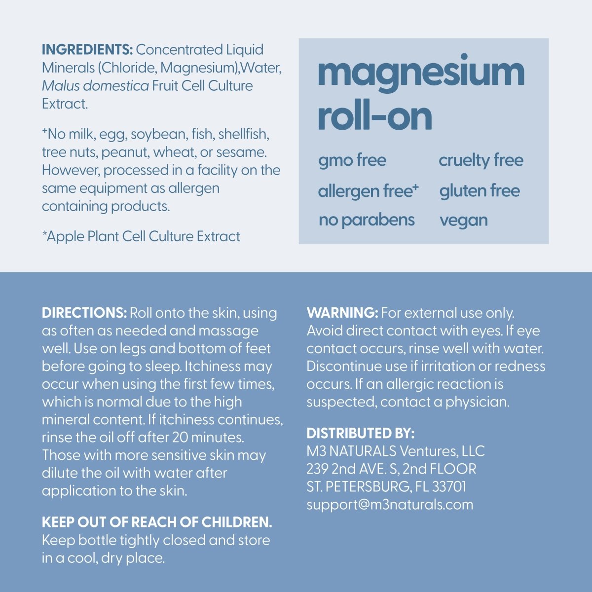 Product label for magnesium roll-on with ingredients, directions, and safety information on a blue background.