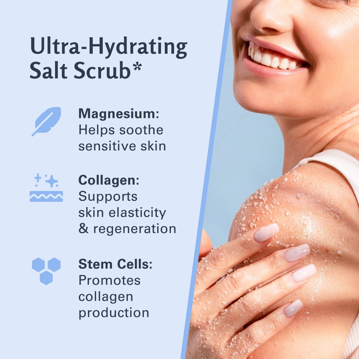 A woman applying magnesium scrub to her arm, featuring benefits like magnesium, collagen, and stem cells.