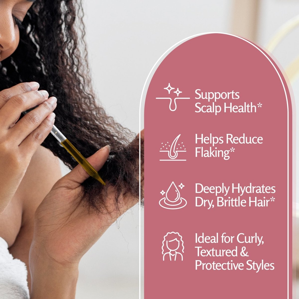 Person applying organic black castor oil to hair with a dropper, with text about benefits for hair and scalp.