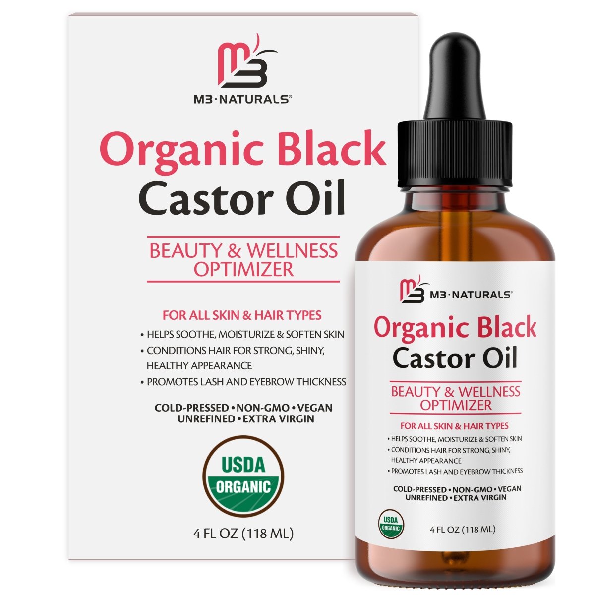 M3 Organic Black Castor Oil with dropper bottle and packaging on a white background