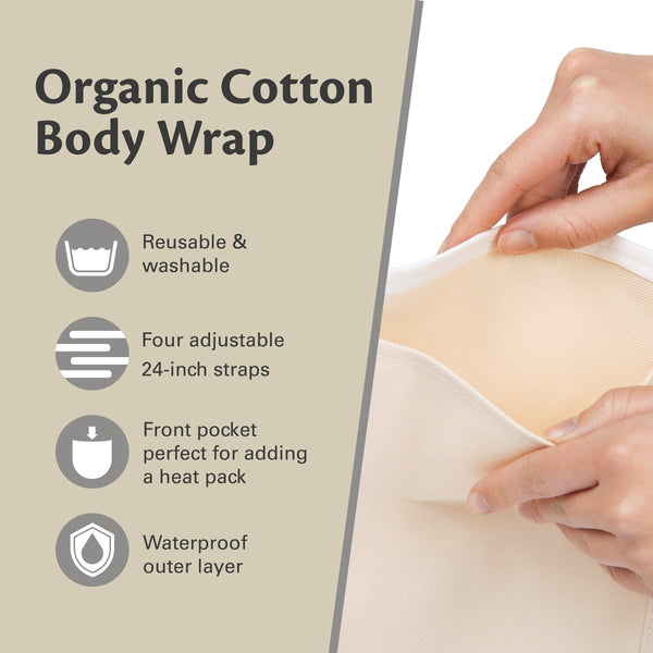 Organic cotton body wrap with features listed on the left and a hand holding it on the right.