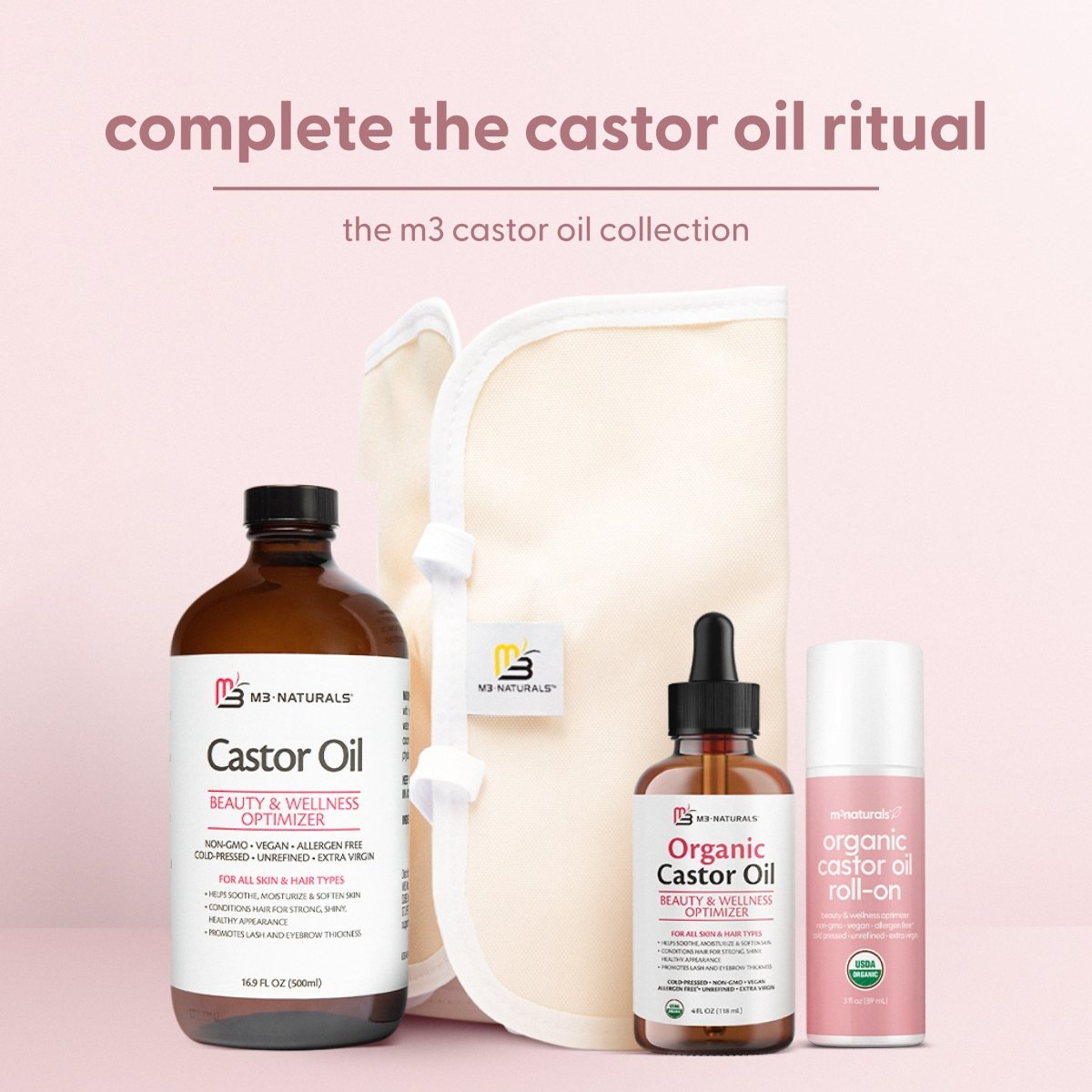 M3 castor oil collection with bottles and a wrap on a pink background