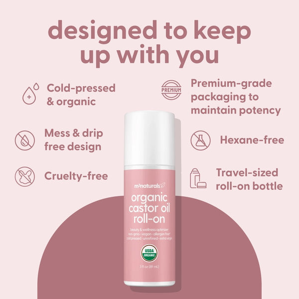 Organic castor oil roll-on bottle with travel-friendly packaging details and product features listed on a pink background