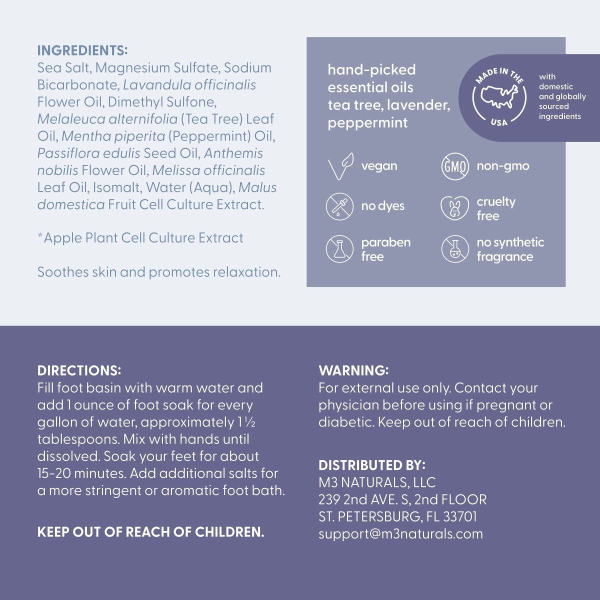 Product label with ingredients, directions, and safety information on a purple background