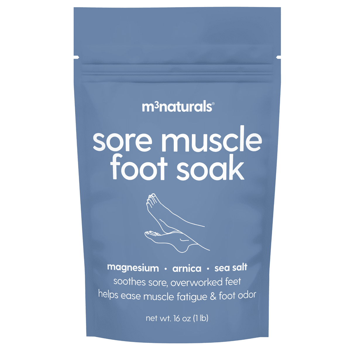 Blue package of m3 sore muscle foot soak on a white background