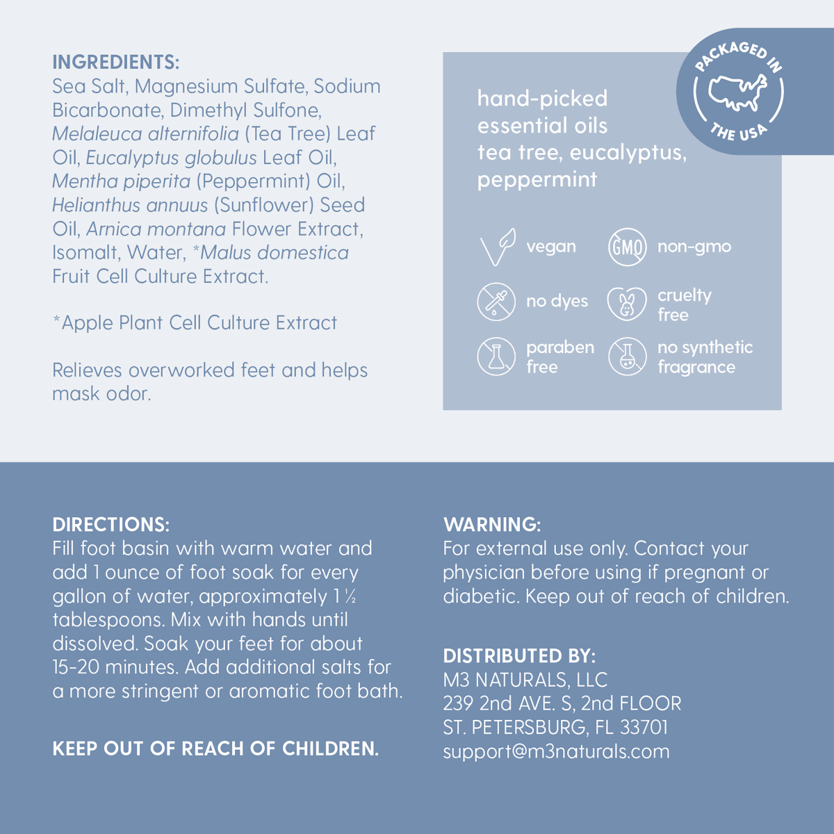 Foot soak label with ingredients, directions, and safety information on a blue background