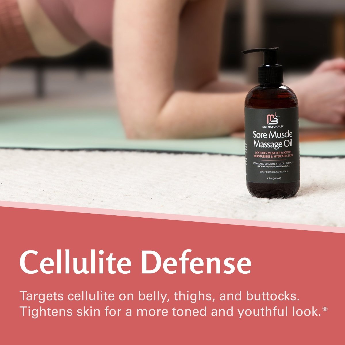 Woman doing a plank exercise with text about targeting cellulite and tightening skin.