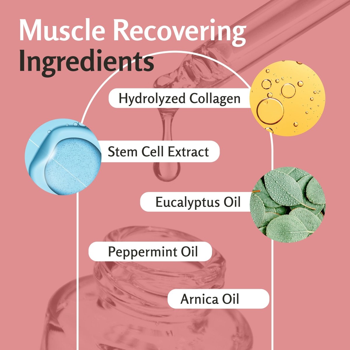 Muscle recovering ingredients with labels on a pink background