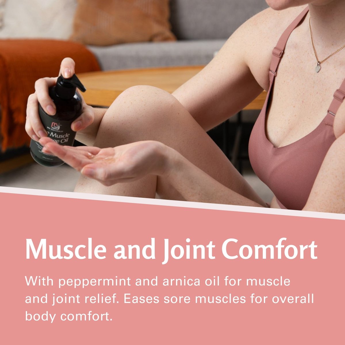 Person pumping massage oil into their hand with text about muscle and joint comfort.