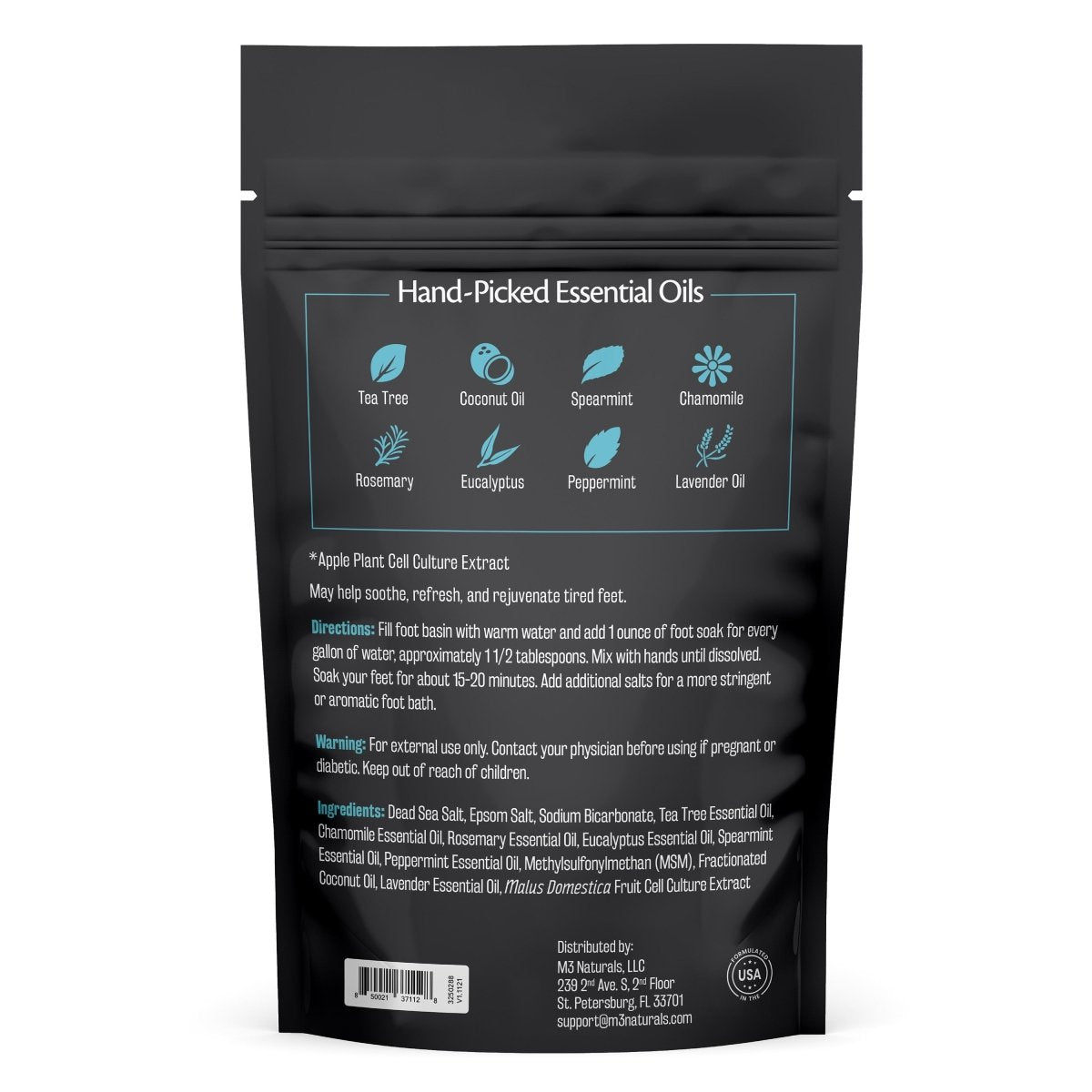 Back view of Tea Tree Oil Foot Soak packaging with essential oil icons, directions, and ingredients.