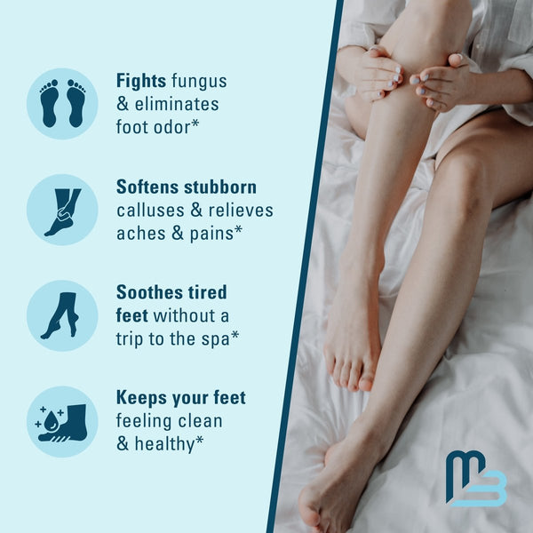 Person sitting on a bed with legs and feet showing with text about foot care benefits for calluses, achey feet, fungus and odor.