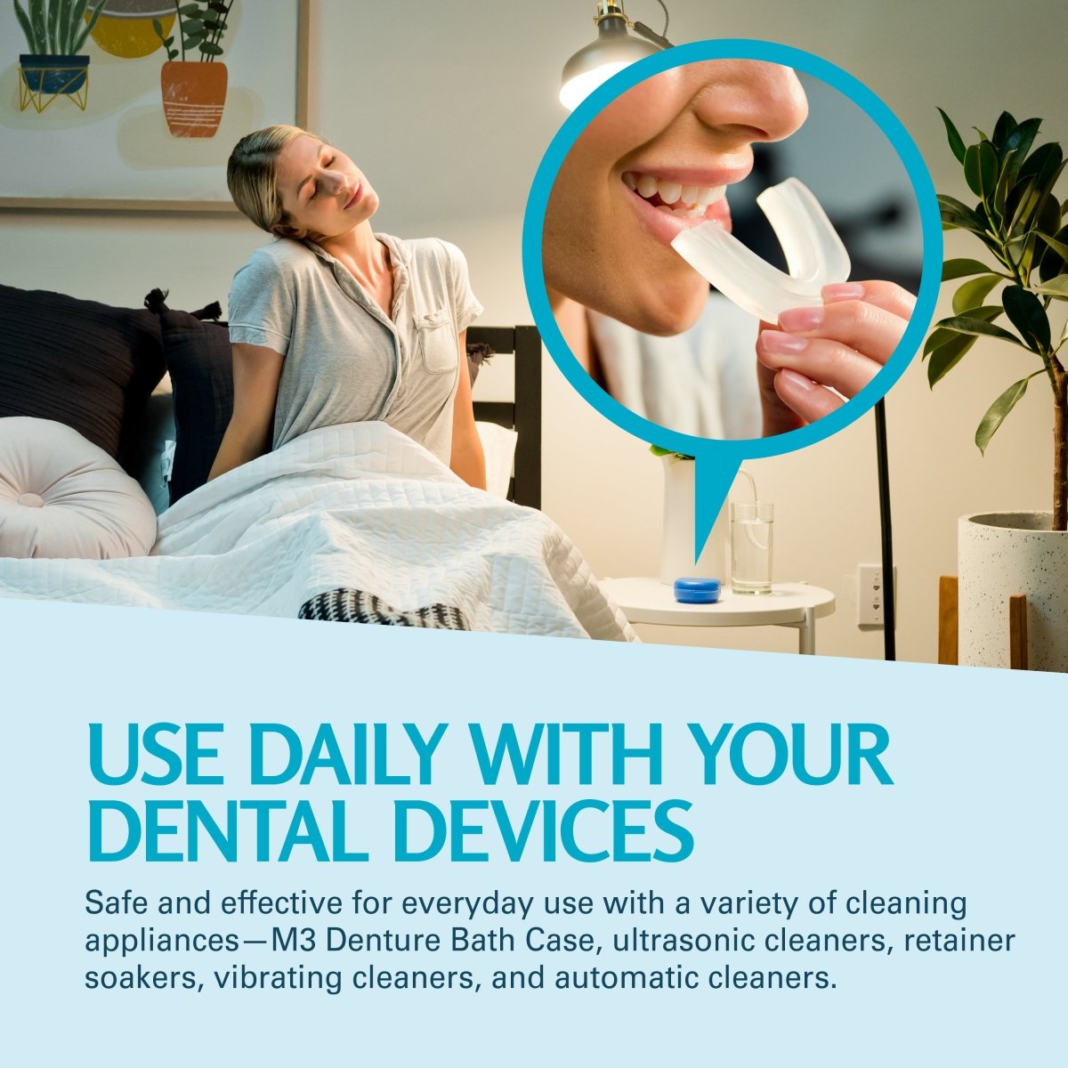 Woman using a dental device with text about daily use and product features.