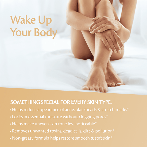 Person with bare legs and text describing benefits for every skin type