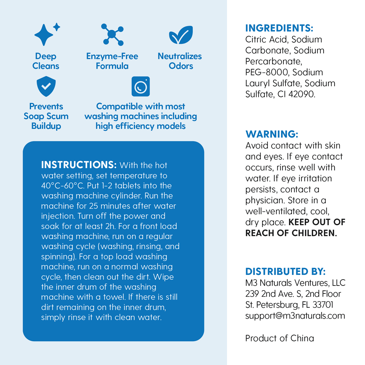Product label with M3 washing machine cleaning solution features, instructions, compatibility details and safety information.