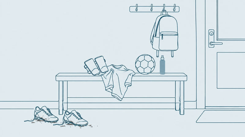 Mudroom bench with cleats, ball and backpack