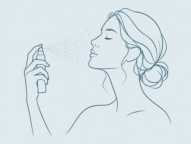 Line drawing of a woman misting her face