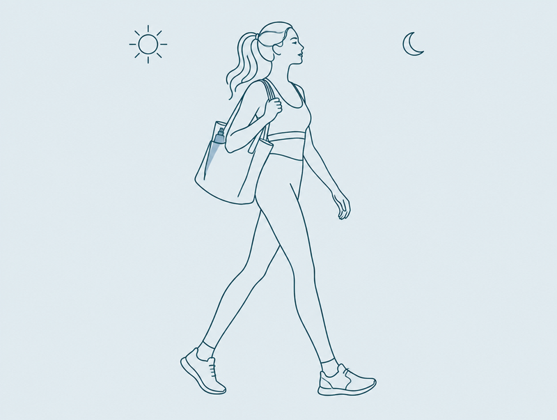 Line drawing of a woman with a gym tote, sun and moon