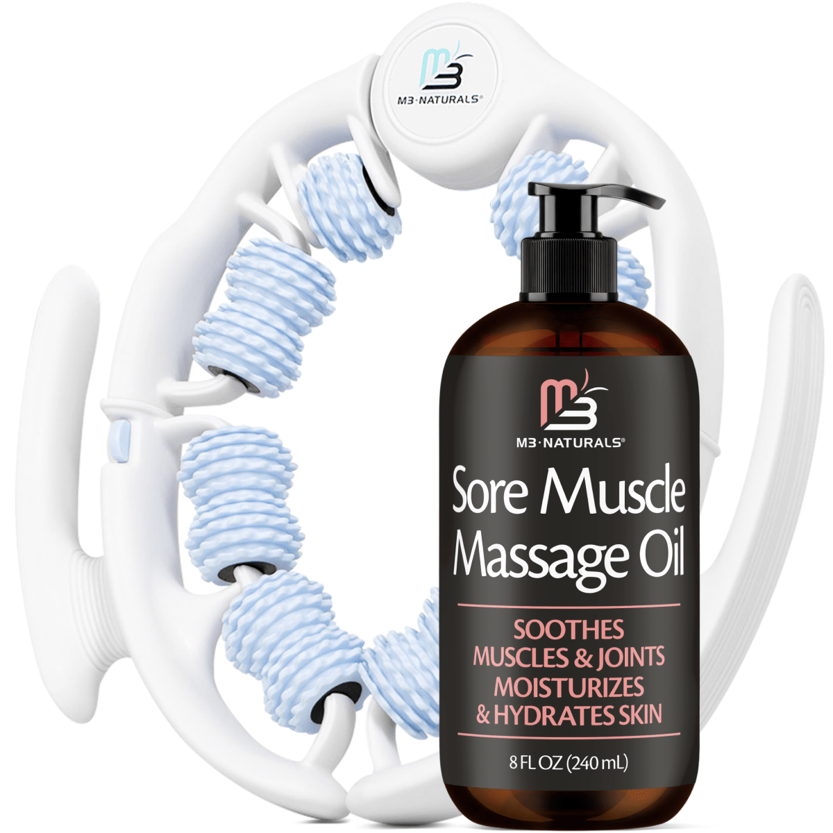 Sore Muscle Massage Oil & Anti Cellulite Massage Roller Bundle