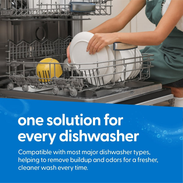 Person loading dishes into a dishwasher with text about the dishwasher cleaner tablets compatibility and benefits.
