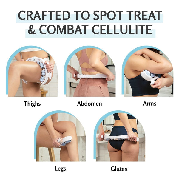 Product being used on different body parts with text 'Crafted to spot treat & combat cellulite'.