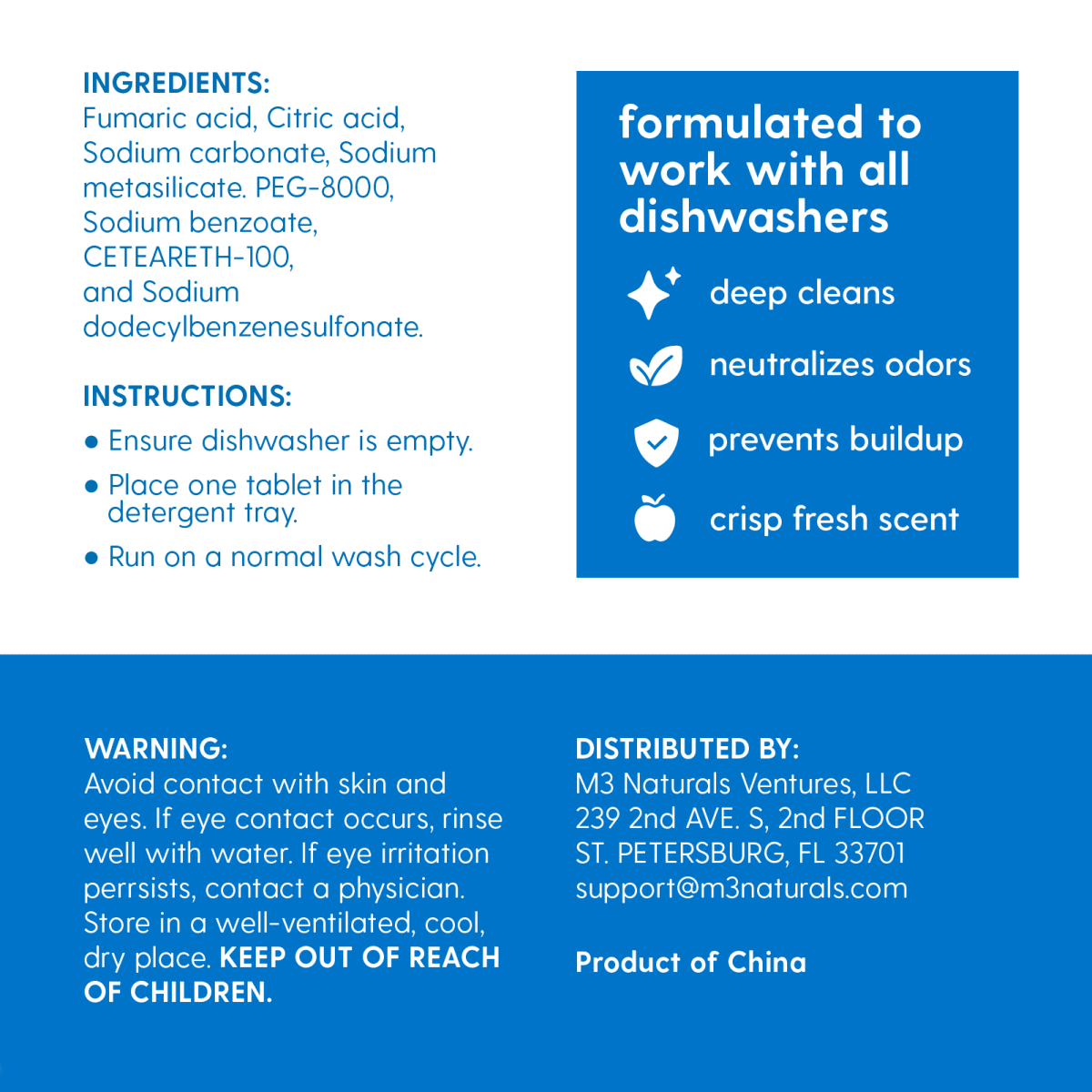 Product label for dishwasher cleaning tablets with ingredients, instructions, benefits and safety information on a blue background