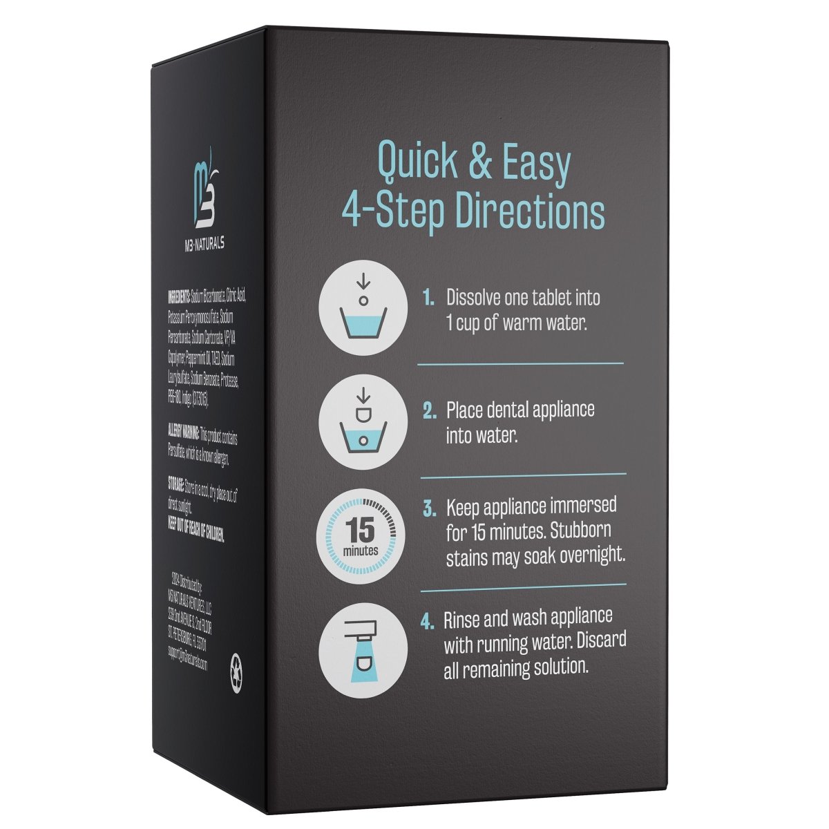 Box with 4-step directions for dental appliance cleaning.
