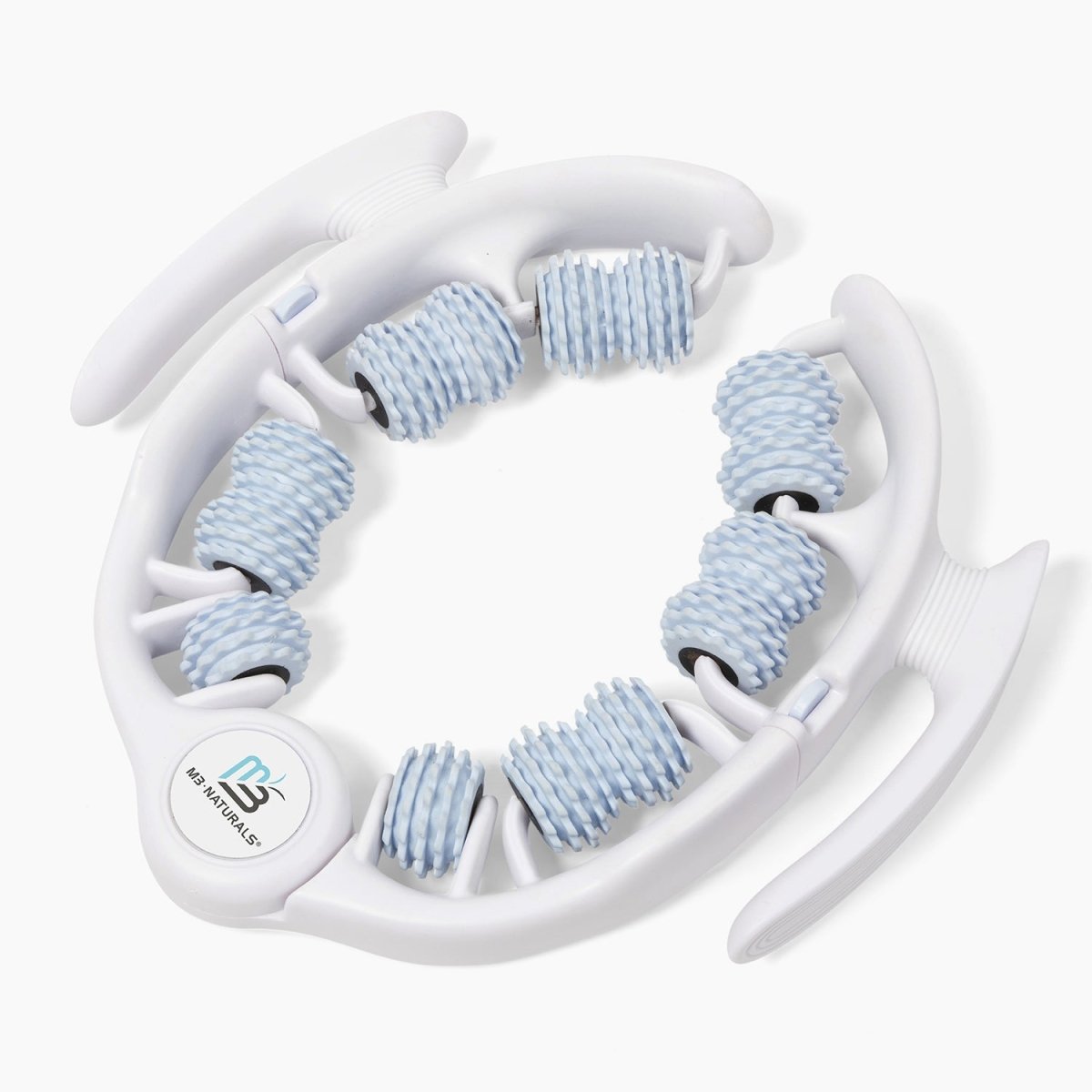 Handheld massager with blue rollers on a white background