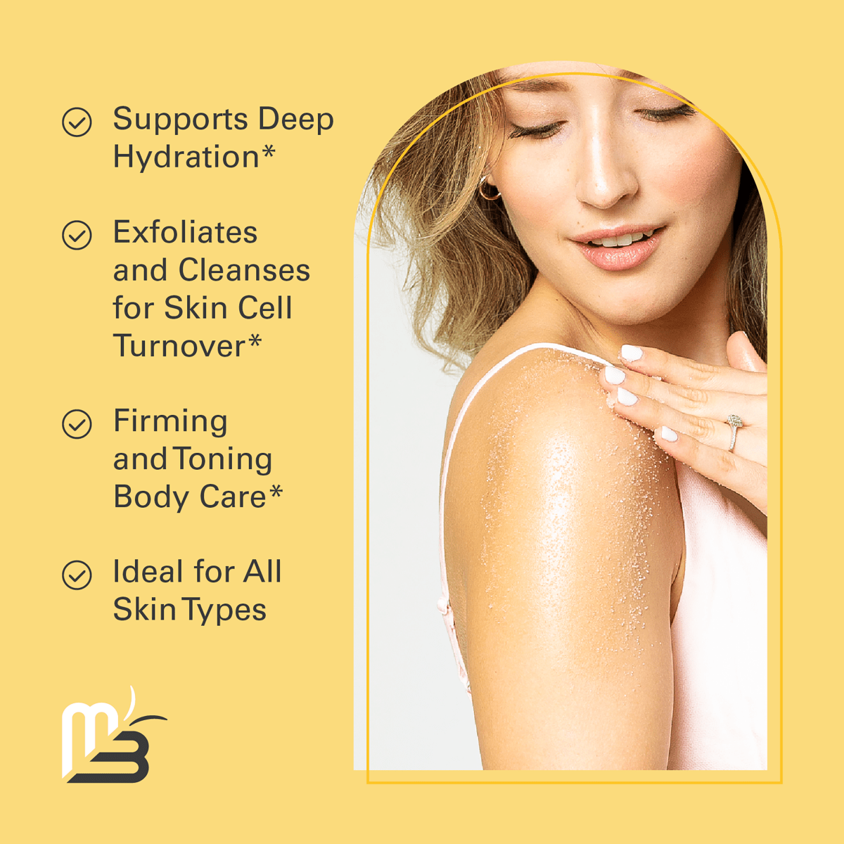 Woman applying anti-cellulite scrub with product benefits for skin cell turnover and hydration listed