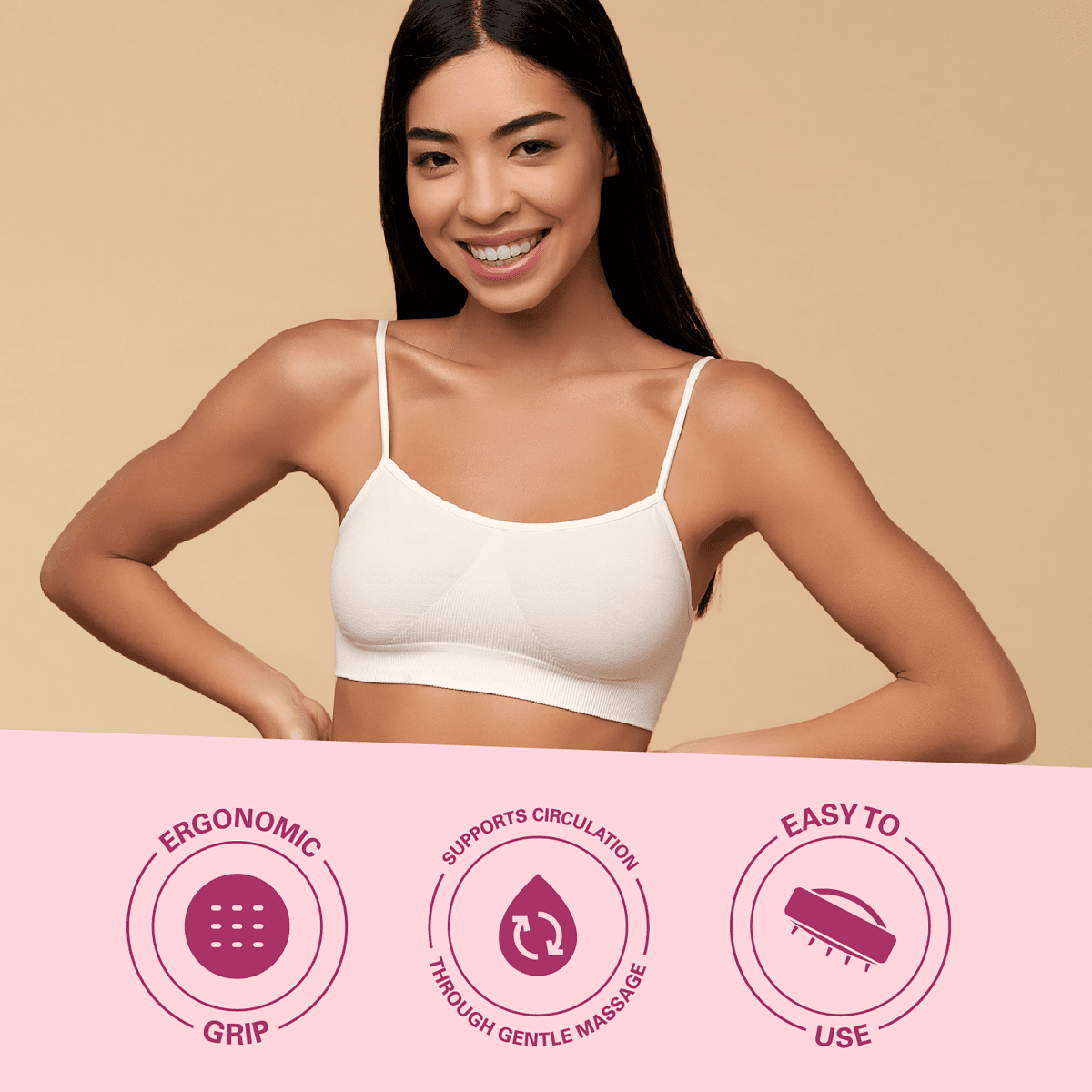 Woman wearing a white sports bra with product features on a beige background